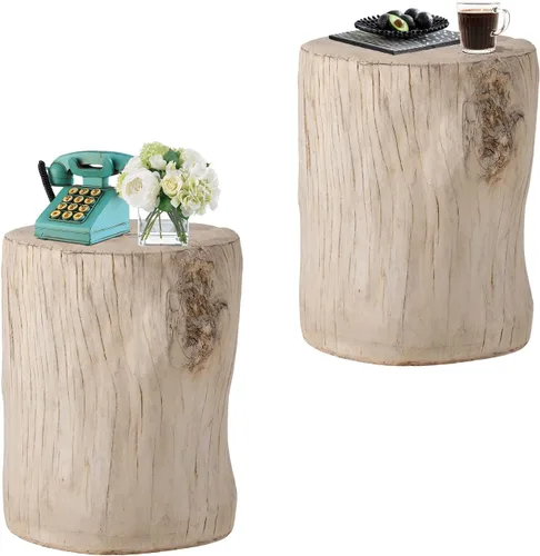 Vista 17 de HOMPUS Mesa auxiliar de hormigón para exteriores, mesa decorativa redonda moderna de tocón de árbol, soporte para maceta, taburete de jardín