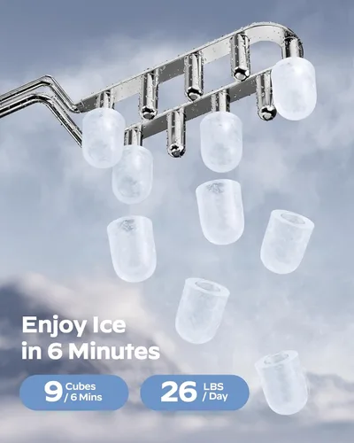 Vista 2 de HOMEZAY Encimera para hacer hielo, 9 cubos listos en 6 minutos, 26 libras por día, máquina de hielo con 2 tamaños de hielo y autolimpieza, máquina