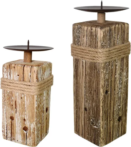 Vista 10 de Portavelas de madera para velas de pilar – Portavelas rústico de Navidad para chimenea, mesa, mesa de boda, mantel de mesa de Navidad de madera