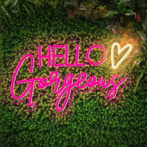 Vista 12 de Letrero de neón con texto en inglés "Hello Gorgeous Neon", luces LED de neón rosadas para el hogar, boda, cumpleaños, telón de fondo, fiesta