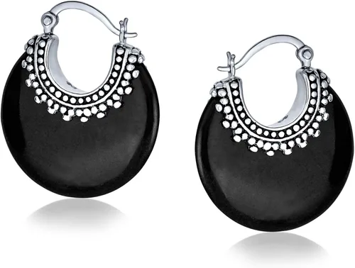 Vista 3 de Aretes de aro redondos de media luna con forma de ónix, turquesa y lapislázuli, estilo tribal occidental, para mujer, cuentas de caviar, milgrain
