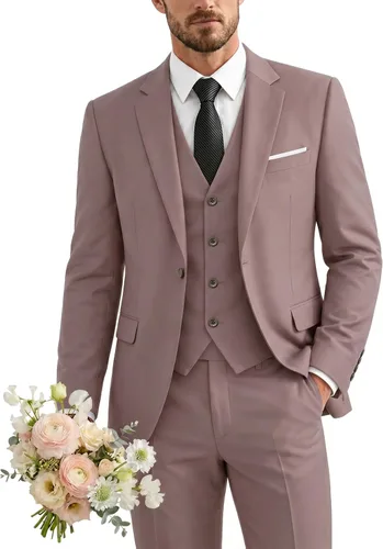 Vista 29 de Traje de 3 piezas para hombre con corbata, chaleco sólido de un botón y beige (529-beige)