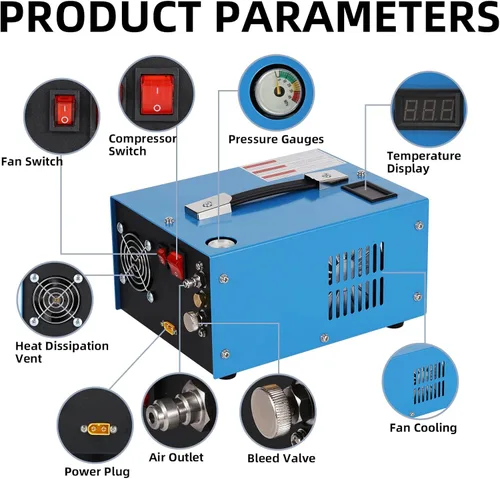 Vista 4 de Compresor de aire PCP, compresor de tanque de buceo de 4500 Psi/30 MPa, fuente de alimentación de 12 V CC/120 V CA, convertidor de potencia