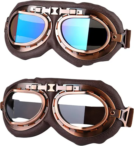 Vista 15 de LJDJ Gafas de motocicleta, paquete de 2 gafas de montar estilo piloto vintage, gafas de hombre ardiente para hombres, mujeres, jóvenes y adultos