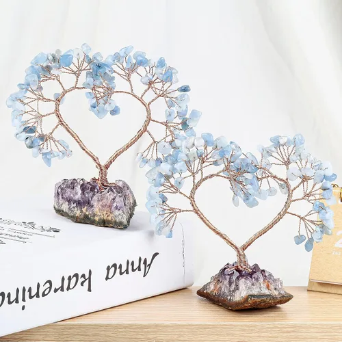 Vista 5 de mookaitedecor Árbol de cristal de corazón de aguamarina con base de amatista natural, árbol de dinero de la suerte para adorno de boda, Feng Shui