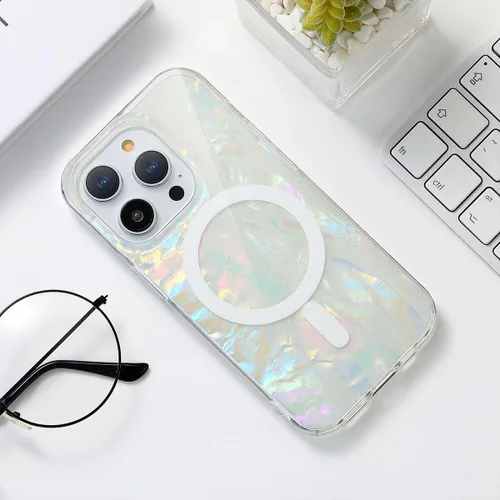 Vista 9 de Funda MagSafe para iPhone 15 Pro para mujeres y niñas, funda magnética iridiscente con purpurina iridiscente de ópalo perlado