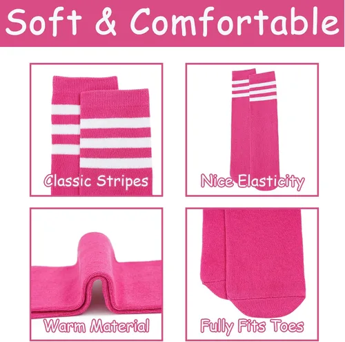 Vista 3 de BONANGEL Calcetines de fútbol para niños y niñas, de algodón, hasta la rodilla, a rayas, calcetines largos atléticos para niños y niñas, 4 pares