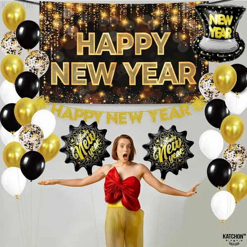 Vista 6 de KatchOn, Suministros para fiesta de Año Nuevo 2026 – Enorme, paquete de 37 Cartel de Feliz Año Nuevo, globos de Año Nuevo para decoraciones de Año