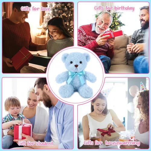 Vista 5 de HyDren 24 piezas de animales de peluche de oso a granel para niños de 10 pulgadas, juguete para dormir y jugar, animales preescolares con lazo, Azul