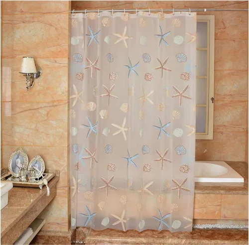 Vista 10 de Uforme de estrellas de mar tema Patrón Cortina, material PEVA impermeable, 100% ecológico, resistente al moho, con ojales de metal. Inoxidable