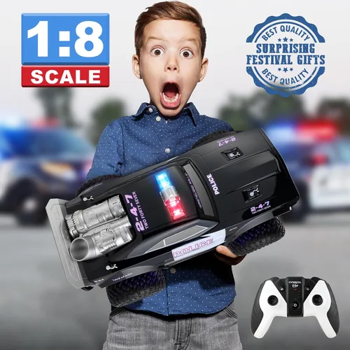 Vista 7 de Carox Coche de policía grande a control remoto con luces y sirenas para niños 1:8 coche policía con tres baterías recargables duradero RC camión