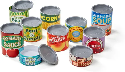 Vista 4 de Melissa & Doug, ¡Juguemos a la casa! Accesorios de cocina, Latas de comida, 10 latas apilables con tapas extraíbles Latas de comestibles