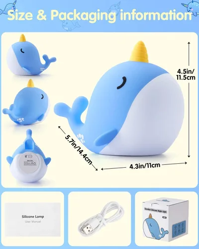 Vista 8 de Fuloon Narwhal - Luz nocturna con forma de ballena, lámpara de silicona blanda para niños, control táctil seguro y relajante para niños y bebés