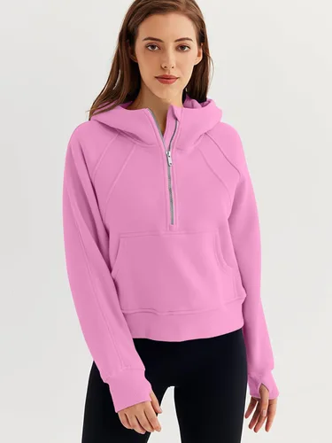 Vista 2 de WYNNQUE Sudadera corta con capucha para mujer, manga larga, forro polar, media cremallera, ropa de otoño