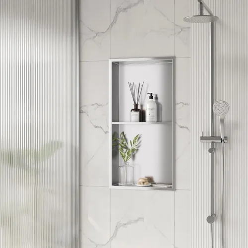 Vista 8 de Neodrain Nicho de ducha doble estante de acero inoxidable, no necesita azulejos, nichos de baño empotrados en la pared, nicho de pared empotrado