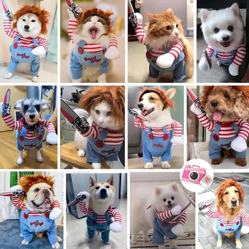 Vista 3 de Disfraz de perro de muñeca mortal para mascotas, divertido disfraz de Chucky de Halloween para perros pequeños, medianos y grandes, gatos