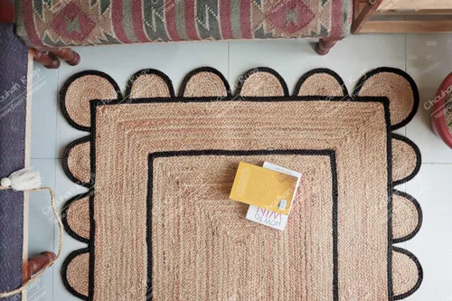 Vista 3 de Chouhan Rugs Alfombra de Área de Yute Natural Trenzada a Mano Runner Negro con Escalopes