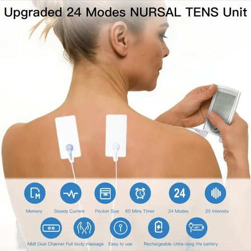 Vista 3 de MegaWise Unidad EMS TENS, 24 modos con 14 almohadillas de alta calidad, estimulador muscular de doble canal para terapia de alivio del dolor