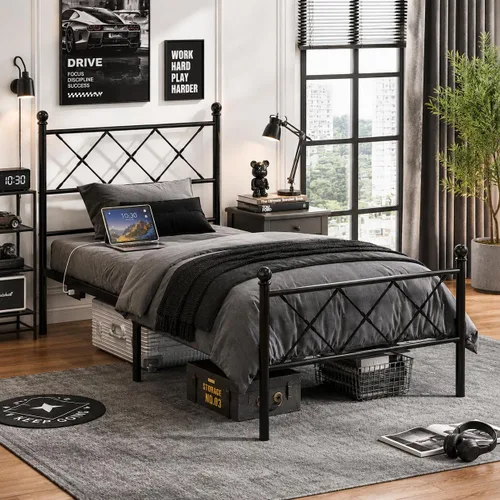 Vista 3 de VINGLI Base de cama individual con cabecero y estribo, marco de cama de metal con estribo extra alto, cama de plataforma resistente con luces LED