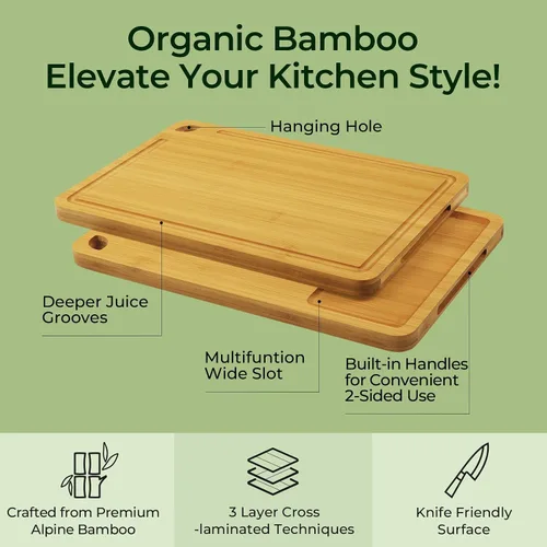 Vista 4 de Keechee Tabla de Cortar de Madera para Cocina - Juego de Regalo de 3 Tablas de Cortar Reversibles de Bambú con Ranura para Jugos, Tabla de Cortar