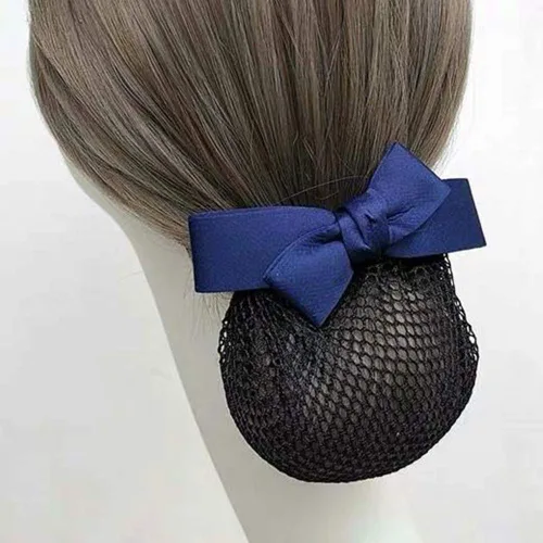 Vista 5 de Pasador de cinta para mujer con redecilla, cubierta profesional para moño y clip para el cabello con nudo de lazo (azul marino)