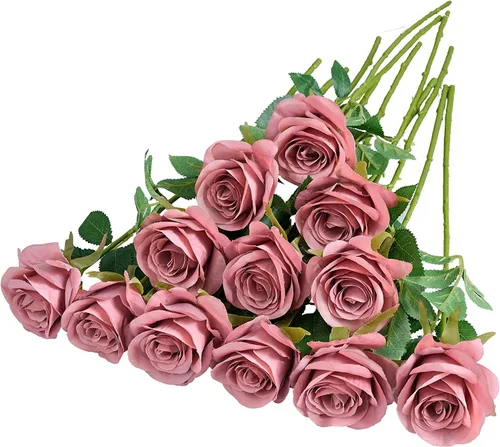Vista 24 de 12 piezas Rosas Flores Artificiales Rosas Falsas Azul Bebé Rosas de Seda Flores de Seda Blancas Rosas con Tallos Largos para Bodas Hogar Fiestas
