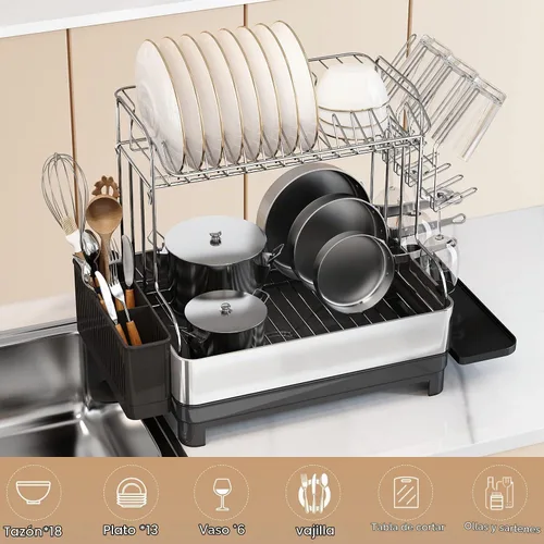 Vista 2 de BOOSINY - Escurridor grande de acero inoxidable de 2 niveles con tabla de drenaje