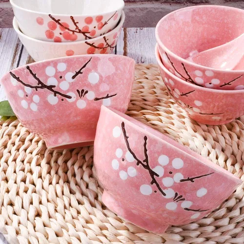 Vista 3 de Juego de 4 cuencos de arroz japoneses, estilo japonés, pintados a mano, color rosa ciruela, juego de 4 cuencos para postre aperitivos, cereales
