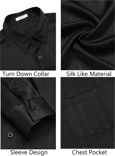 Vista 4 de COOFANDY Camisa de vestir de satén de lujo para hombre, de seda brillante, de manga larga, con botones, camisa de boda, fiesta, baile de graduación