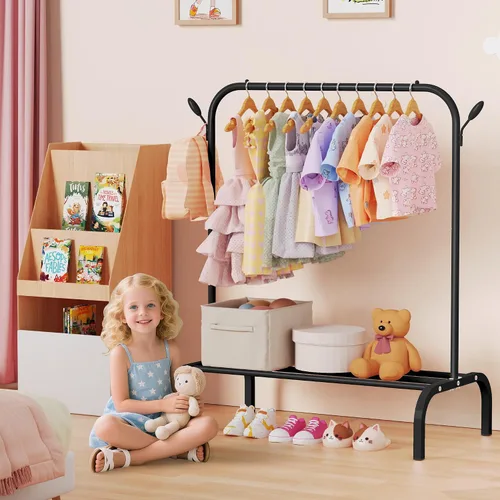 Vista 4 de Perchero Montessori para niños de 3 a 6 años, estante de ropa infantil con estante inferior y ganchos laterales, estante para armario infantil