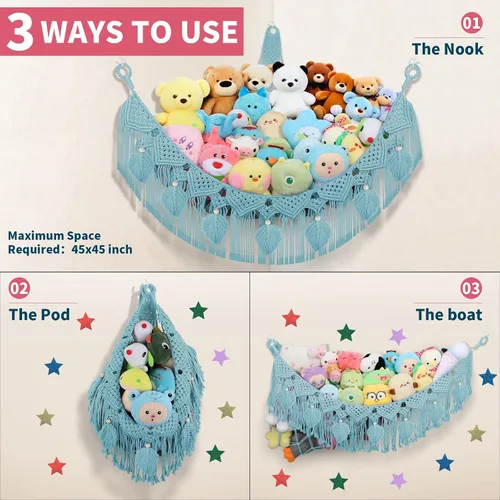 Vista 5 de Hamaca Esquinera para Animales de Peluche - Jumbo de 56'' Hecha a Mano con Cordón Doble de Macramé de 5mm, Red de Almacenamiento de Animales