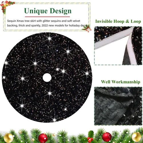 Vista 3 de FUHSY Falda de árbol de Navidad negra de 21 pulgadas, falda de árbol de lentejuelas brillantes, faldas de árbol de Halloween de terciopelo suave