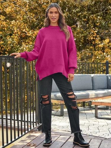 Vista 136 de Lillusory - Suéter extragrande con mangas de murciélago y cuello redondo para mujer, prenda moderna de otoño de tejido de punto sin botones