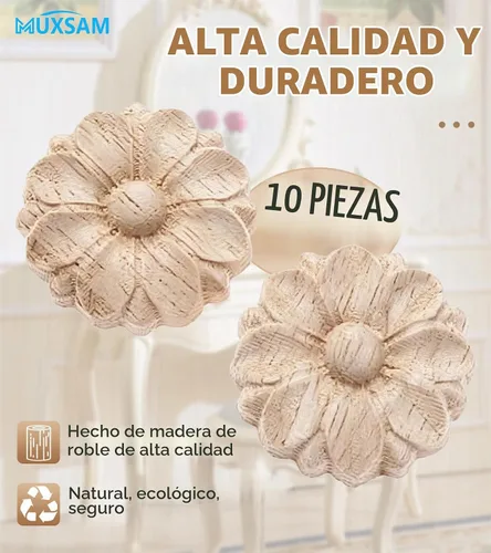Vista 4 de MUXSAM Paquete de 10 rosetas de madera, apliques pequeños onlay, sin pintar, calcomanías redondas de tallado de flores para el hogar, armarios
