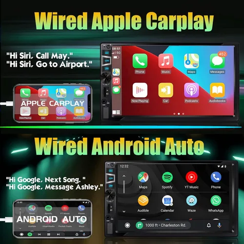 Vista 2 de Estéreo de auto doble DIN con CarPlay inalámbrico y Android Auto, radio de coche HD de 7 pulgadas con Bluetooth, entrada USB/SD/AUX, FM, SWC