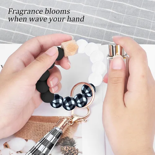 Vista 4 de Weixiltc Llavero para mujer, pulsera de cuentas de silicona, llavero con borla de cuero