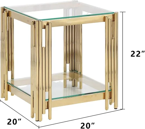 Vista 2 de Mesa auxiliar de cristal de 20 pulgadas, mesa de centro dorada para sala de estar, mesa auxiliar ancha de vidrio cuadrada, mesa auxiliar