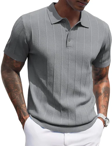Vista 37 de COOFANDY Camisas polo de punto para hombre de manga corta con textura acanalada Camisas de golf casuales y ligeras con cuello Camiseta de polo