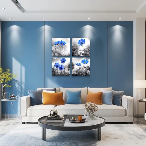 Vista 3 de Arte de pared para dormitorio, flor azul cian en blanco y negro, decoración de pared para decoración del hogar, pintura de arte de 12 x 12 pulgadas