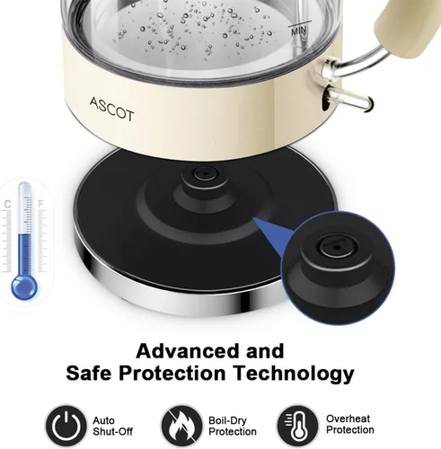 Vista 2 de ASCOT Hervidor eléctrico, hervidor de té eléctrico de vidrio para hombres/mujeres/familia, 1.5 L, 1500 W, calentador de té de vidrio