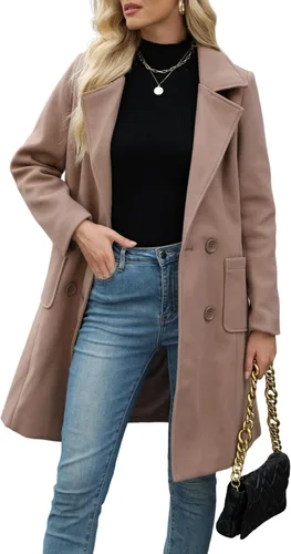 Vista 11 de Bankeng Chaqueta de solapa de doble botonadura con muesca para mujer, mezcla de lana de camello Verde Armada (ArmyGreen)