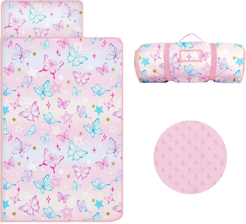 Vista 11 de Colchoneta portátil para siesta para niños con almohada extraíble y manta para niñas y niños, saco de dormir ligero extra grande para preescolar