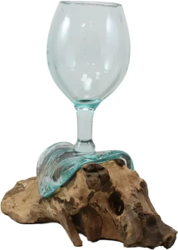Vista 2 de Ebros Gift Handicraft Balinesa hecha a mano de madera natural de raíz gamal con cáliz de copa de vino fundida soplada a mano como vasos de aire