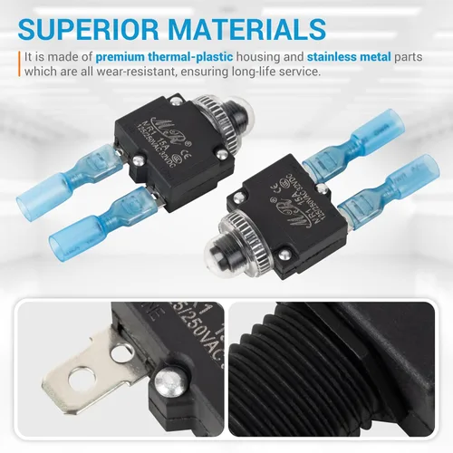 Vista 5 de BlueStars Paquete de 5 disyuntores térmicos de 3 amperios 125/250 V CA 32 V CC, protector de sobrecarga con botón de reinicio manual, terminales