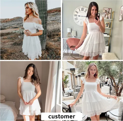 Vista 3 de Byinns Vestido corto sin mangas con cuello cuadrado para mujer, cintura alta, espalda descubierta, escalonado, tirantes fruncidos, casual, corto