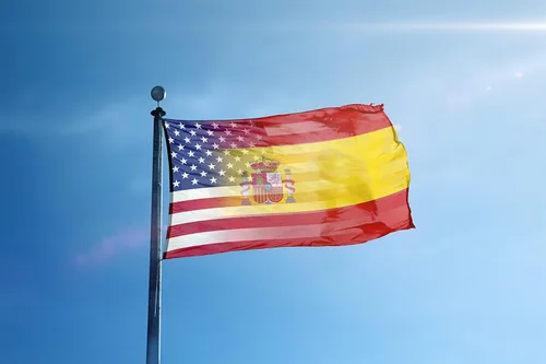 Vista 2 de Bandera híbrida española americana de 3 x 5 pies: pancarta 100% poliéster, ojales de latón y cabecera de lona fuerte, para uso en exteriores