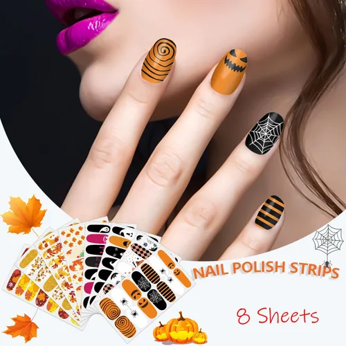 Vista 2 de SILPECWEE 8 hojas de envolturas de uñas de Halloween para mujer, diseño de otoño, tiras adhesivas de esmalte de uñas de gel autoadhesivas con lima