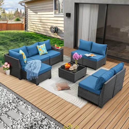 Vista 27 de JOYURE Juego de muebles de patio de 5 piezas, para todo tipo de clima, para exterior, sofá seccional de mimbre, sofá de ratán para patio con cojín