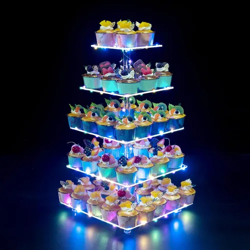 Vista 13 de Soporte para Cupcakes, Soporte Redondo para Cupcakes de 4 Niveles con Tira de Luces LED, Torre de Exhibición de Cupcakes de Acrílico para Bodas, Azul