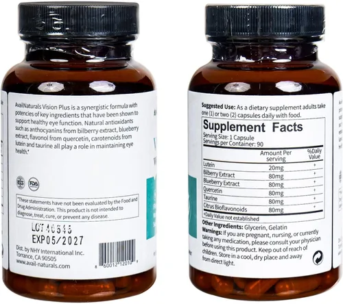 Vista 2 de AvailNaturals Vision Plus Vitaminas para los ojos con luteína 20 mg, extracto de arándano y arándano, antioxidantes clave para el apoyo a la salud